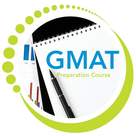GMAT Preparation Course logo superimposed on a notebook