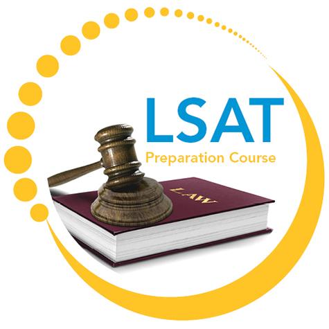 LSAT Preparation Course logo above a book of Law